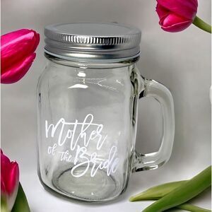 NWT Wool + Pepper Co. MOTHER OF THE BRIDE Glass Mason Jar Cup with Handle & Lid